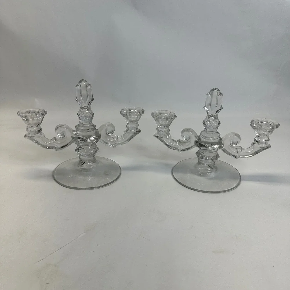 Vintage Clear Pressed Glass Double Arm Candelabra Candle Holder Pair Set of 2